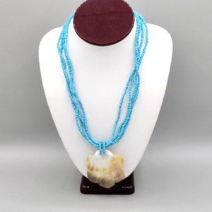 Flower Shape Mother of Pearl Pendant Multi Strand Blue Beaded Necklace 20 in